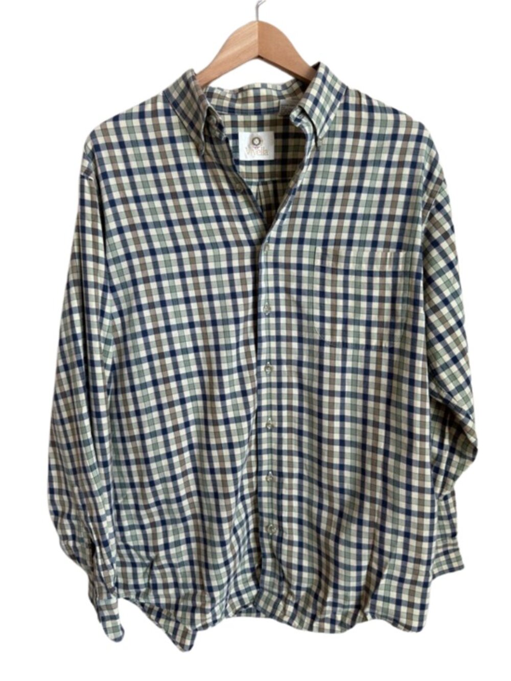 Viyella Vintage Cotton Wool Plaid Button Down Shirt Size L Green Brown Mens